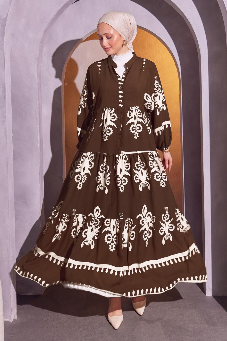 Tesettür giyim KAHVE DESENLİ TESETTÜR ELBİSE T 9614