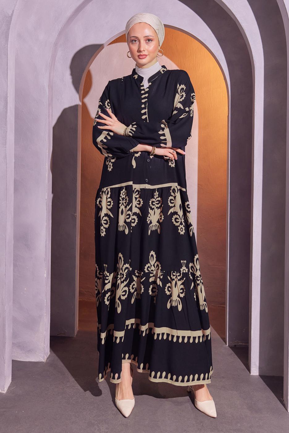 Tesettür giyim SİYAH DESENLİ TESETTÜR ELBİSE T 9614