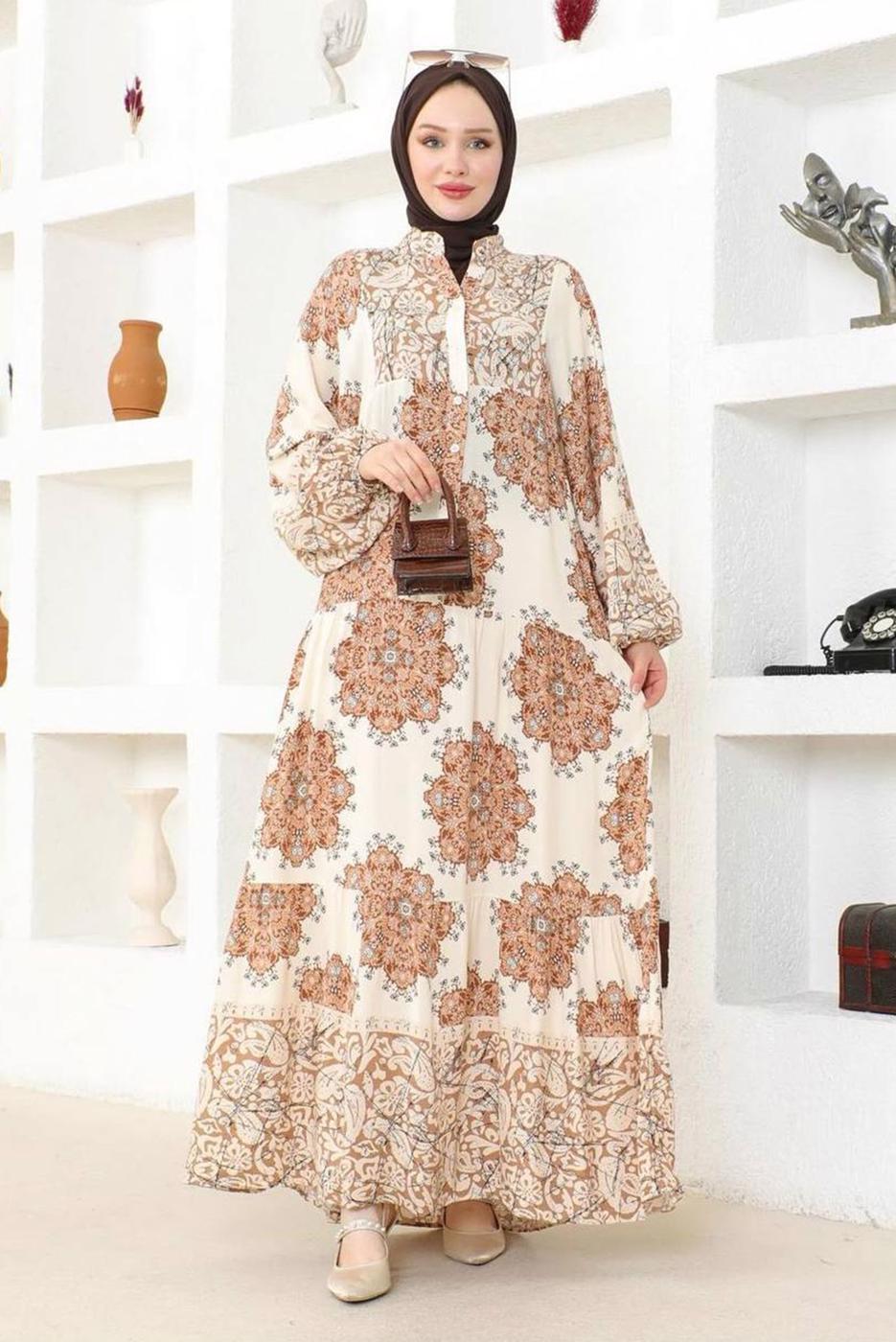 Vêtements hijab BEIGE ROBE À MOTIFS ETHNIQUES T 9752