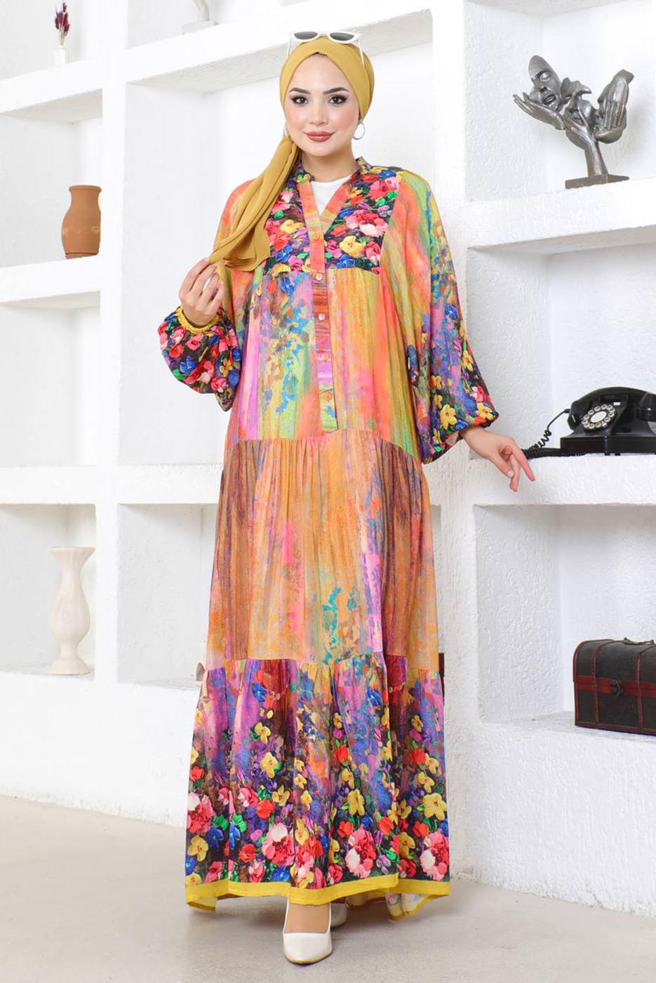 Tesettür giyim MOR DESENLİ SALAŞ ELBİSE T 9754