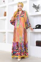 Tesettür giyim MOR DESENLİ SALAŞ ELBİSE T 9754