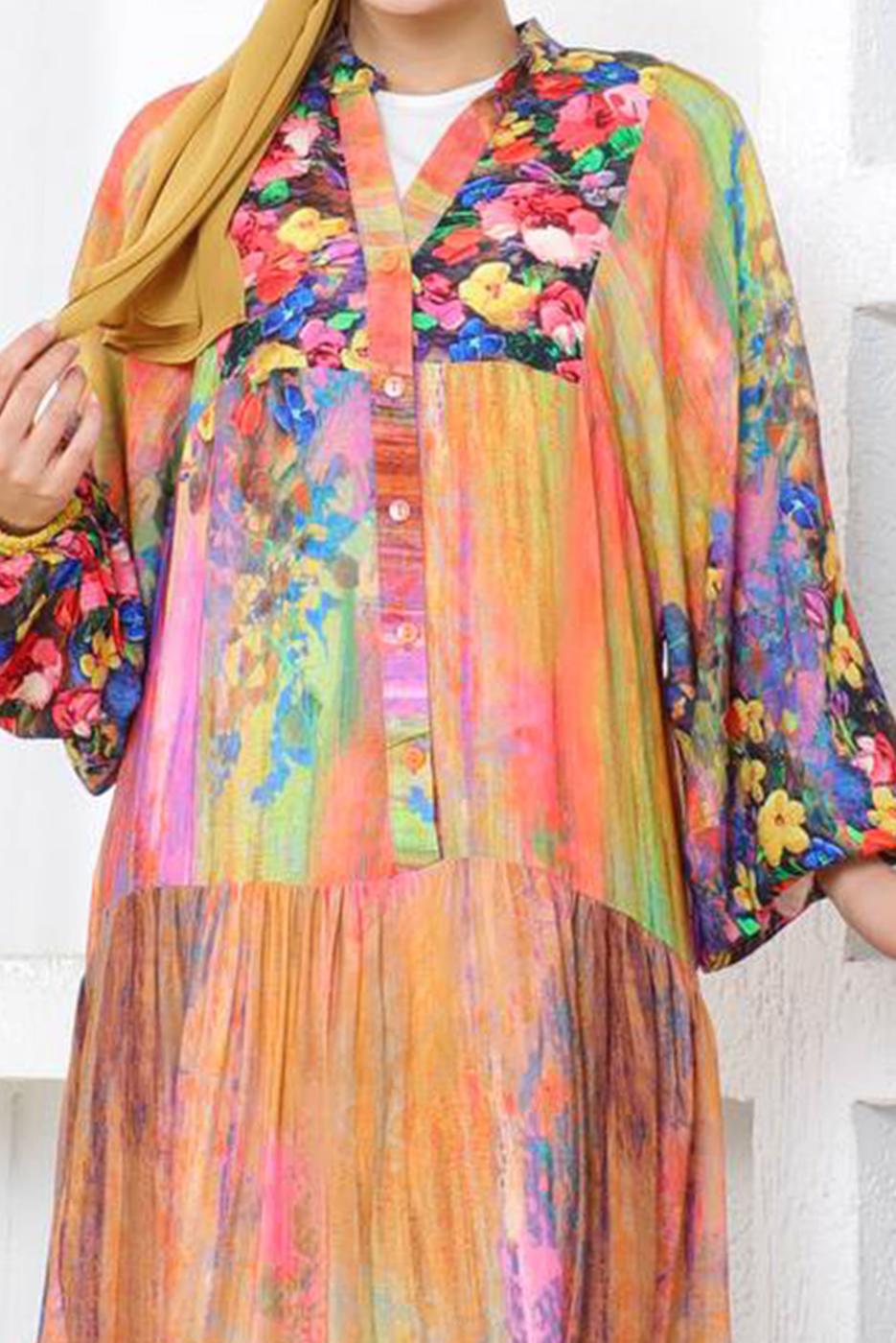 Tesettür giyim MOR DESENLİ SALAŞ ELBİSE T 9754