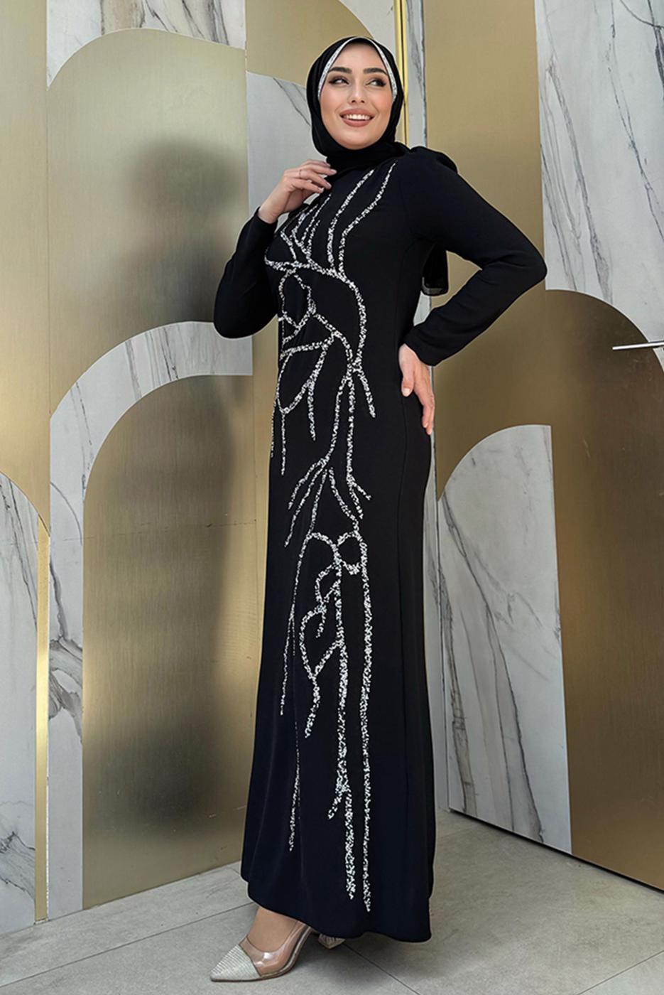 Vêtements hijab NOIR ROBE AVEC DÉTAIL DE BIJOUX T 9883