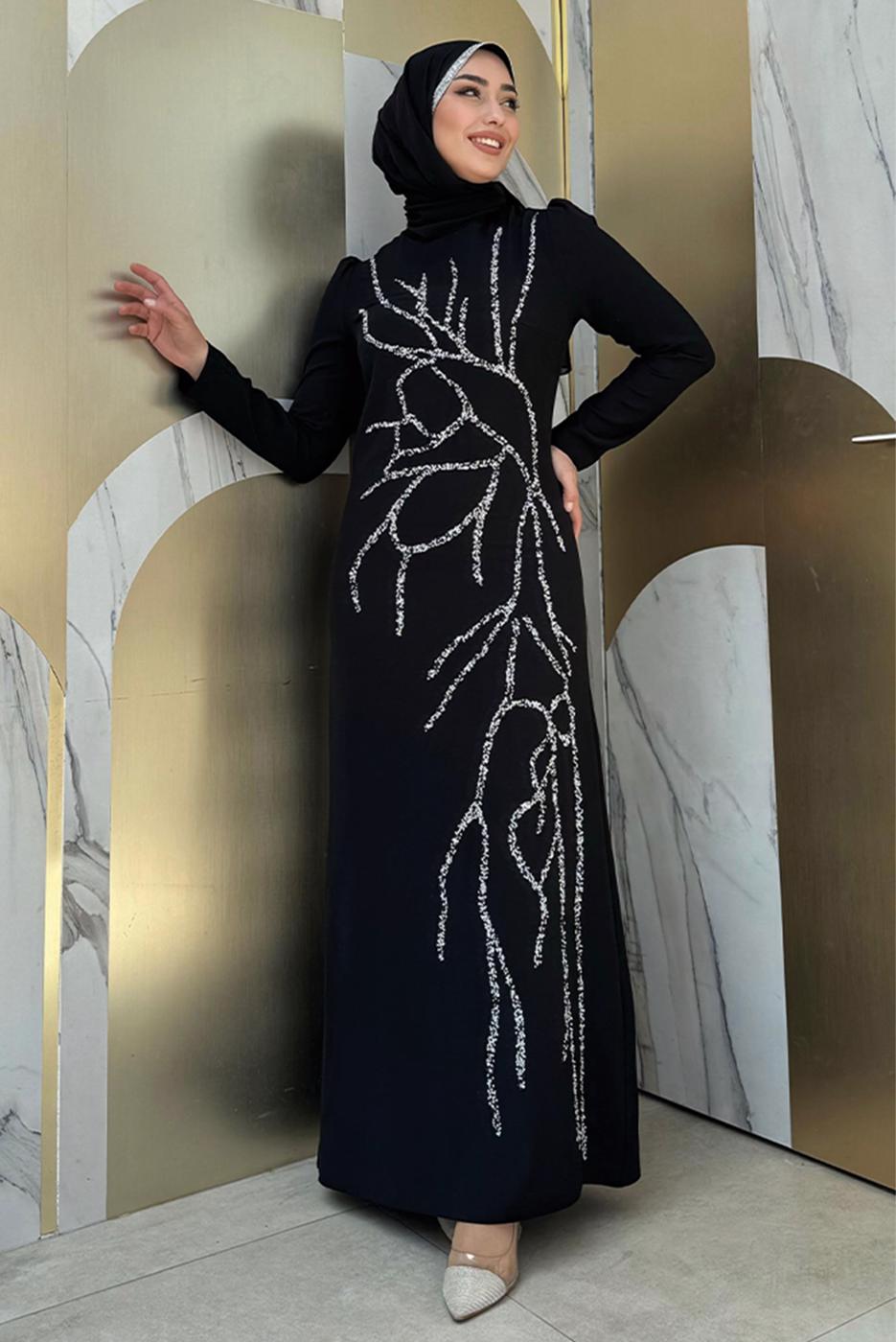 Vêtements hijab NOIR ROBE AVEC DÉTAIL DE BIJOUX T 9883