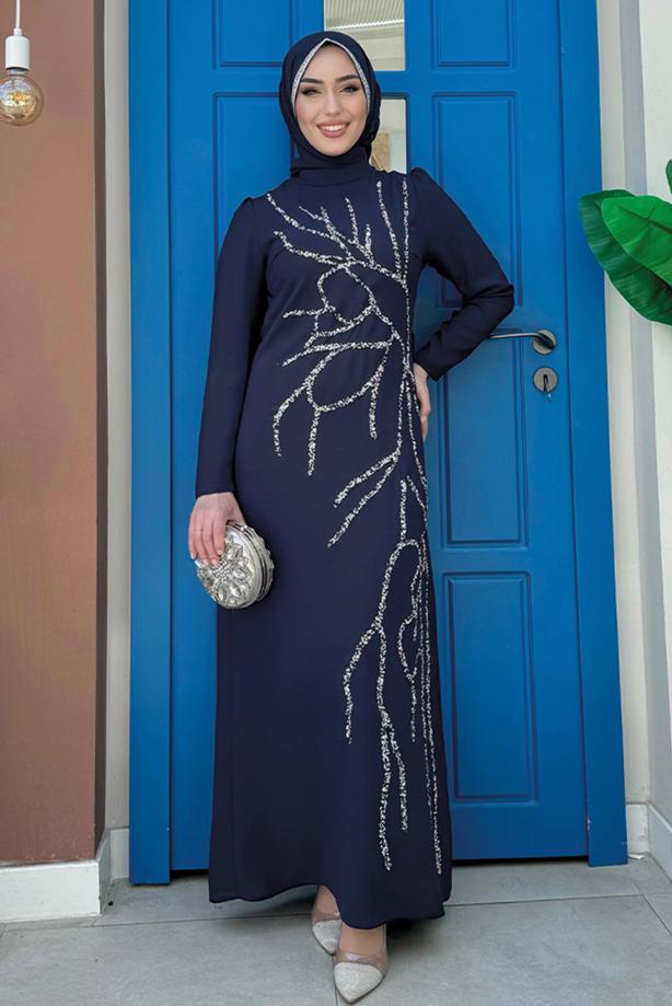 Vêtements hijab BLEU MARINE ROBE AVEC DÉTAIL DE BIJOUX T 9883 - TRENDTESETTÜR