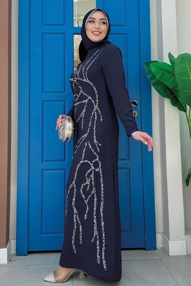 Vêtements hijab BLEU MARINE ROBE AVEC DÉTAIL DE BIJOUX T 9883 - TRENDTESETTÜR
