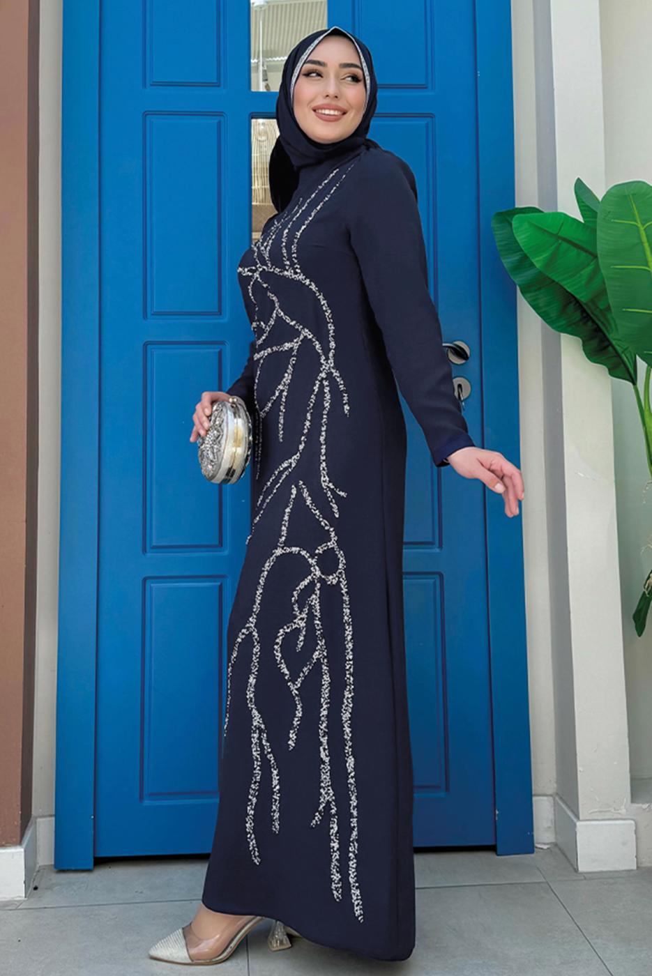 Vêtements hijab BLEU MARINE ROBE AVEC DÉTAIL DE BIJOUX T 9883