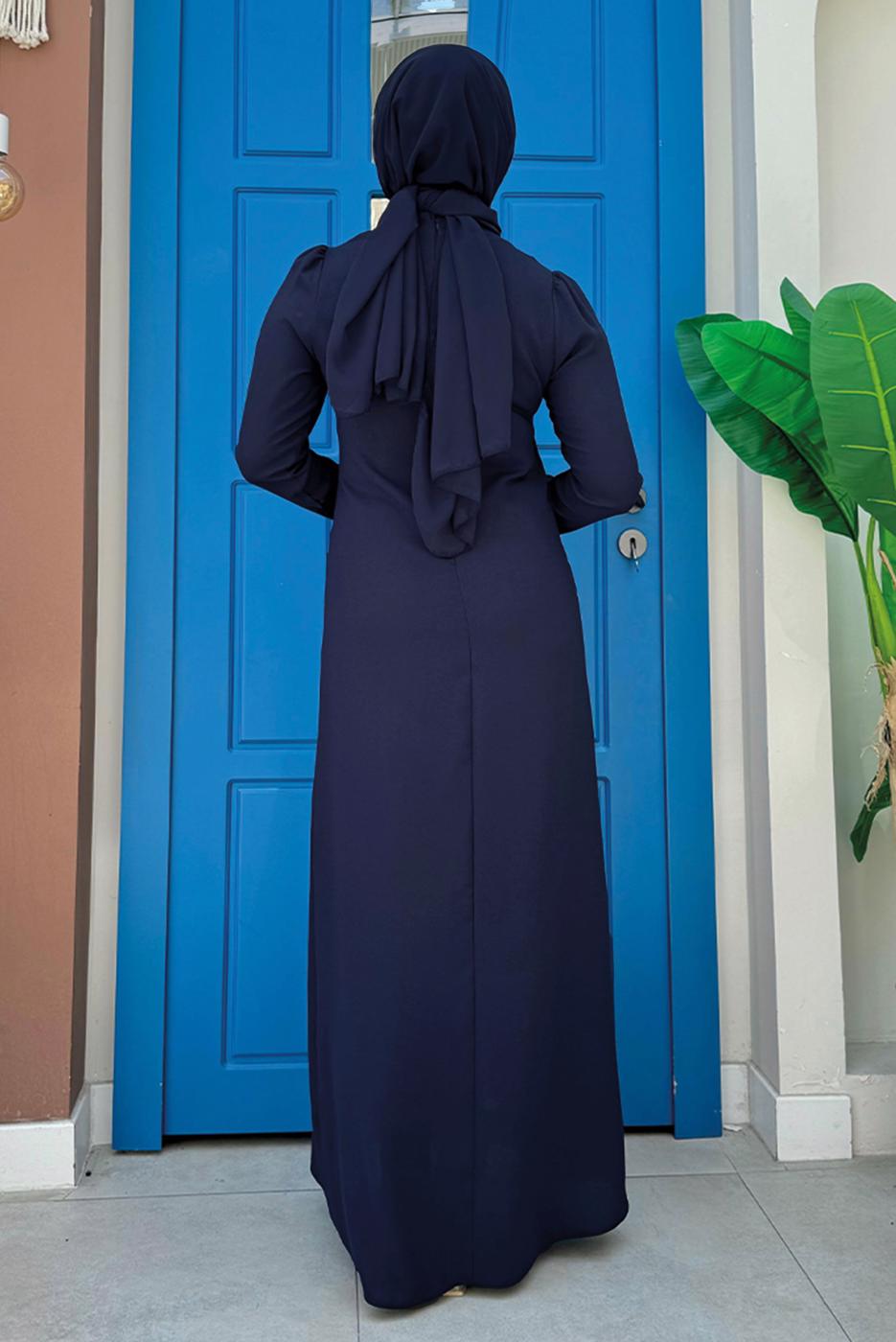 Vêtements hijab BLEU MARINE ROBE AVEC DÉTAIL DE BIJOUX T 9883