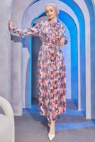 Tesettür giyim LACİVERT KUŞAKLI DESENLİ ELBİSE T 9893