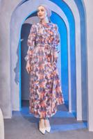 Tesettür giyim LACİVERT KUŞAKLI DESENLİ ELBİSE T 9893