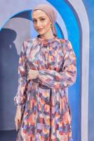 Tesettür giyim LACİVERT KUŞAKLI DESENLİ ELBİSE T 9893