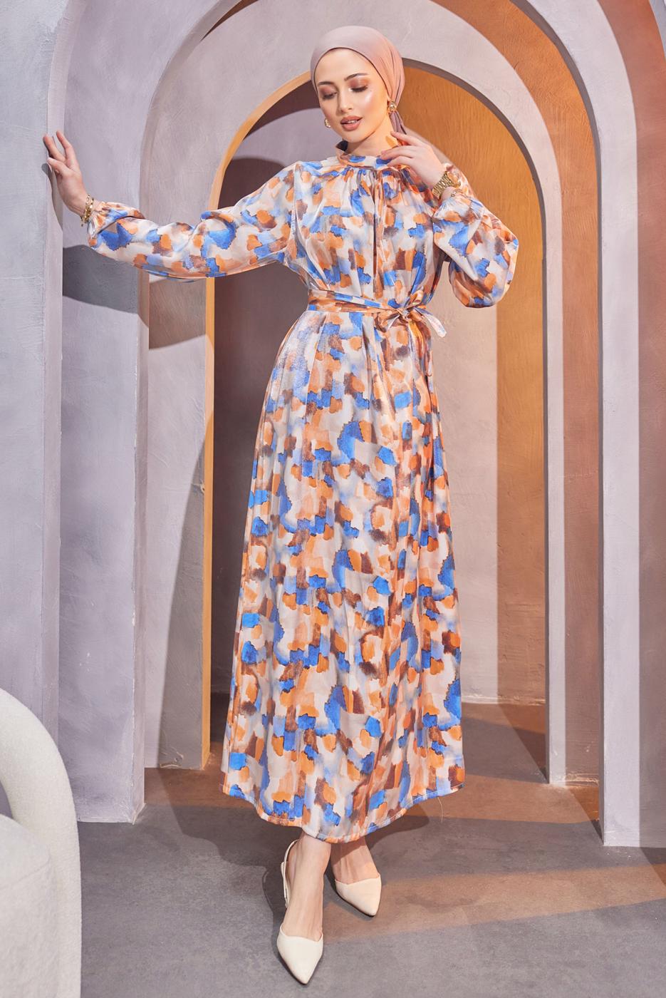 Hijab clothing BLUE BELTED PATTERNED DRESS T 9893