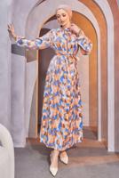 Hijab clothing BLUE BELTED PATTERNED DRESS T 9893