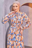 Hijab clothing BLUE BELTED PATTERNED DRESS T 9893