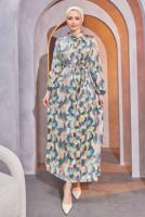 Tesettür giyim YEŞİL KUŞAKLI DESENLİ ELBİSE T 9893