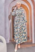 Tesettür giyim YEŞİL KUŞAKLI DESENLİ ELBİSE T 9893