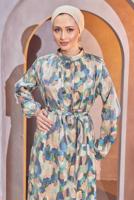 Tesettür giyim YEŞİL KUŞAKLI DESENLİ ELBİSE T 9893