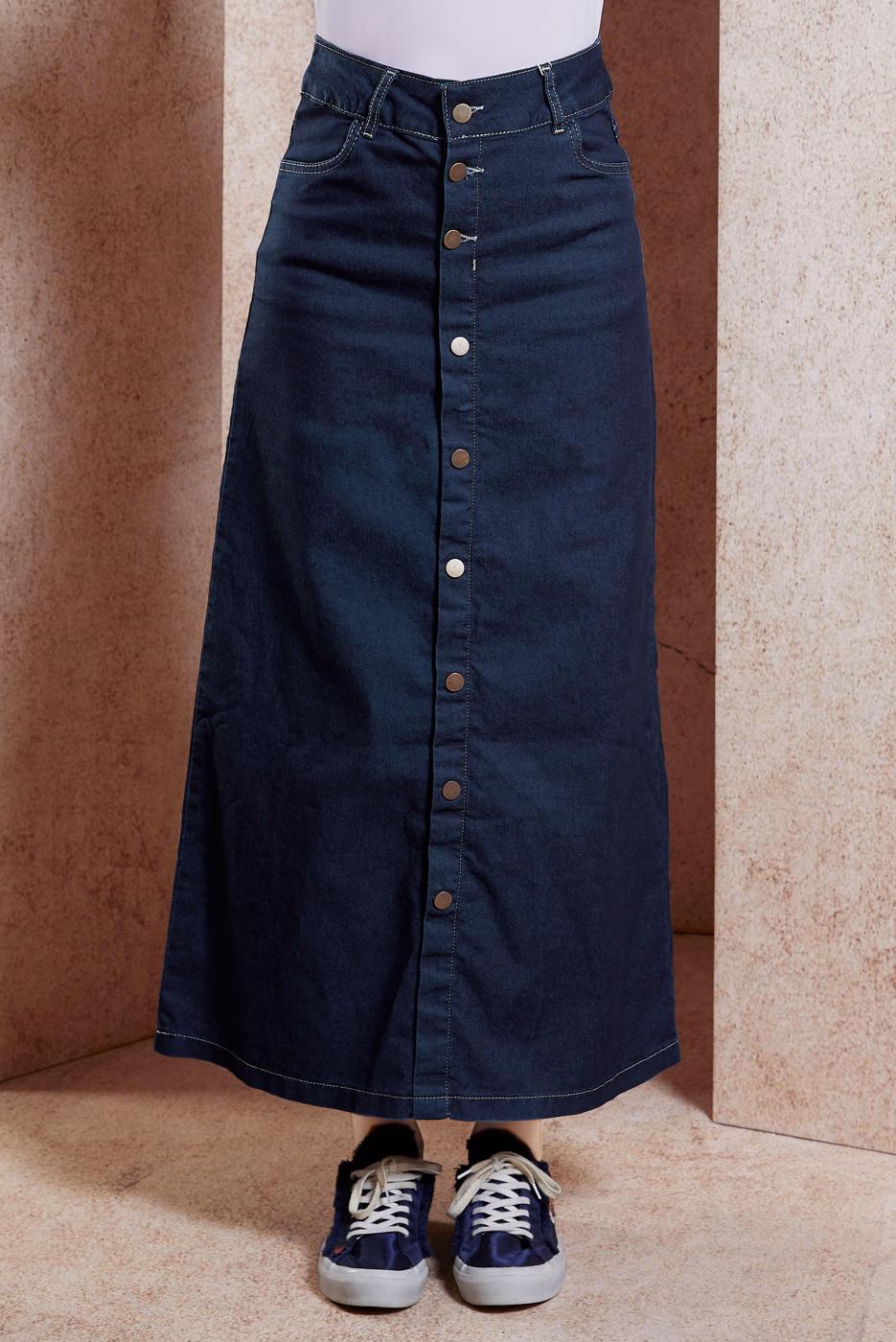 Tesettür giyim LACİVERT DÜĞME DETAYLI KOT ETEK T 0132