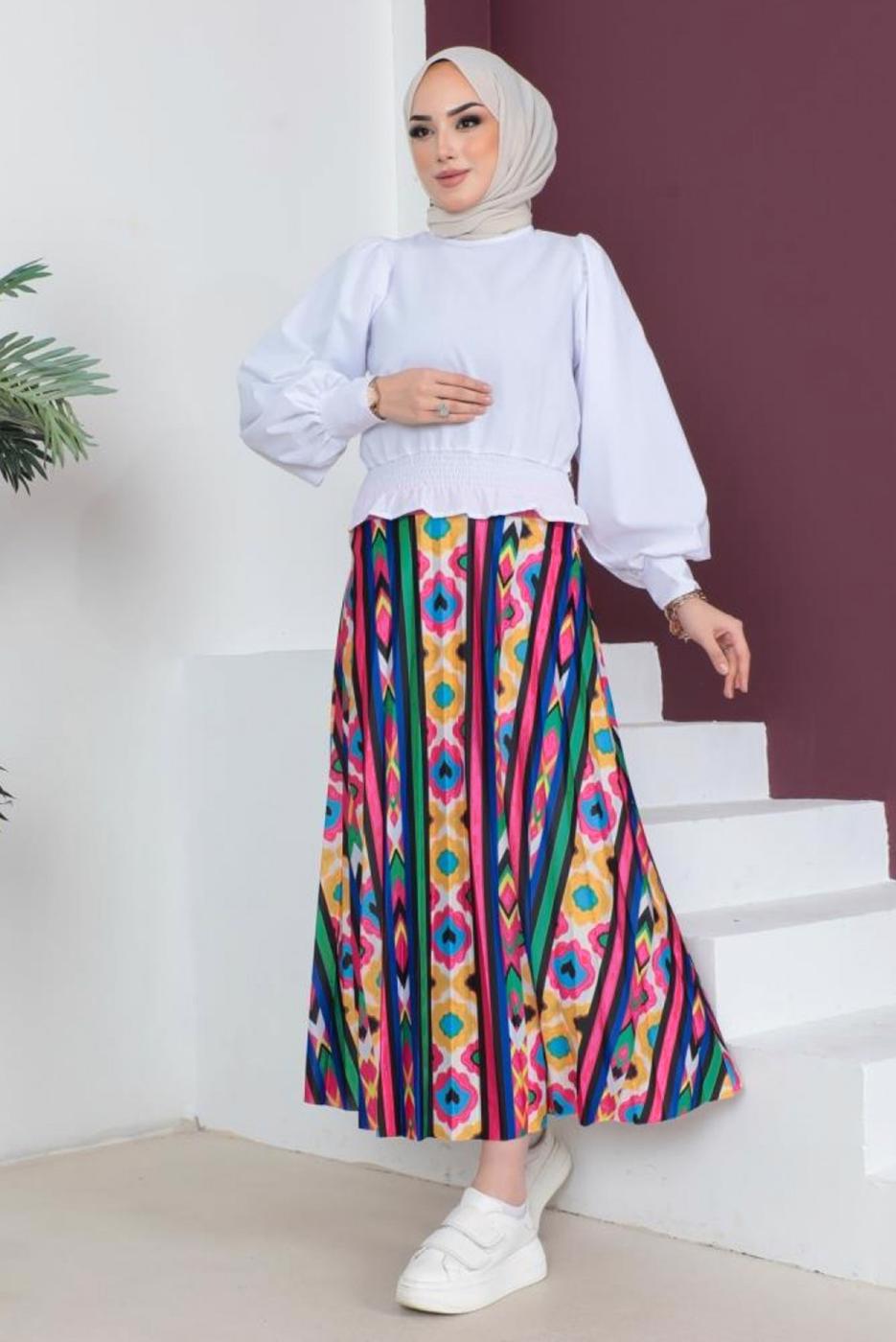 Tesettür giyim FUŞYA DESENLİ ETEK T 1554