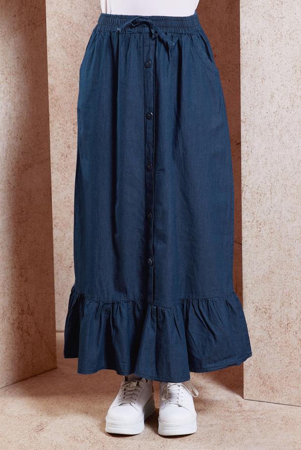 Vêtements hijab BLEU MARINE JUPE EN JEAN DÉTAILLÉE À VOLANTS T 3332 - TRENDTESETTÜR