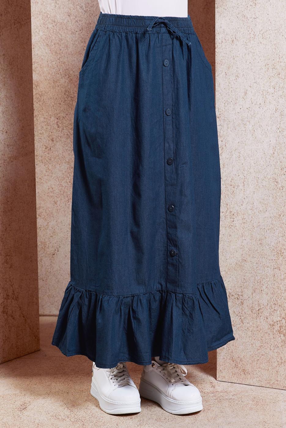 Vêtements hijab BLEU MARINE JUPE EN JEAN DÉTAILLÉE À VOLANTS T 3332