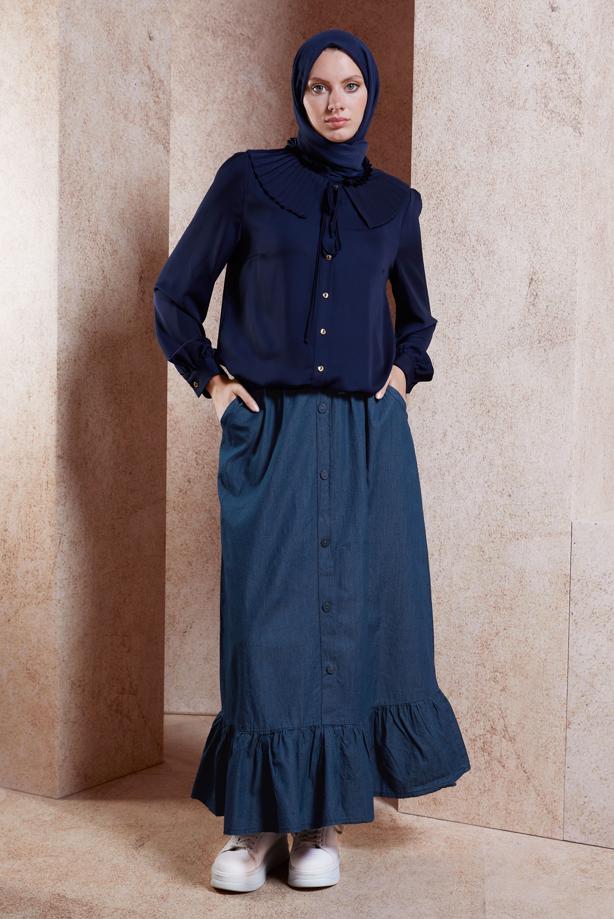 Vêtements hijab BLEU MARINE JUPE EN JEAN DÉTAILLÉE À VOLANTS T 3332 - TRENDTESETTÜR