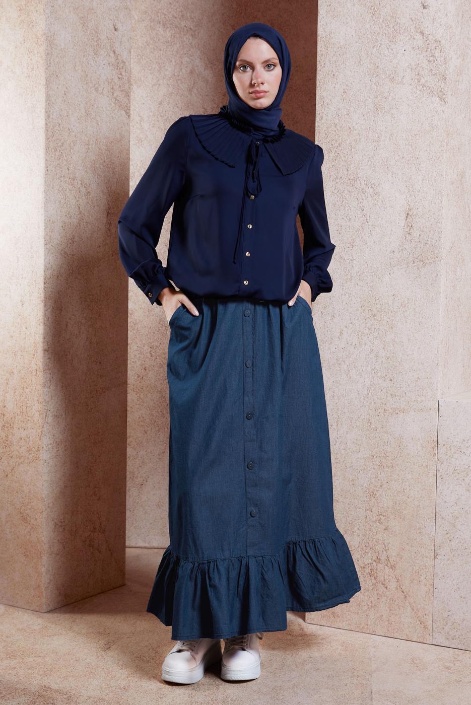 Vêtements hijab BLEU MARINE JUPE EN JEAN DÉTAILLÉE À VOLANTS T 3332