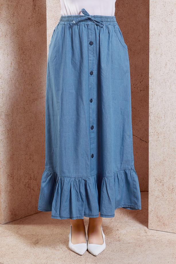 Vêtements hijab BLEU JUPE EN JEAN DÉTAILLÉE À VOLANTS T 3332 - TRENDTESETTÜR