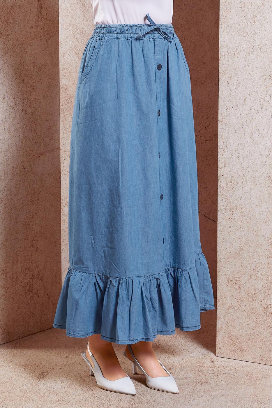 Vêtements hijab BLEU JUPE EN JEAN DÉTAILLÉE À VOLANTS T 3332