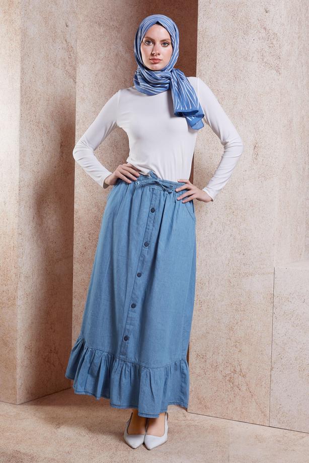 Vêtements hijab BLEU JUPE EN JEAN DÉTAILLÉE À VOLANTS T 3332 - TRENDTESETTÜR