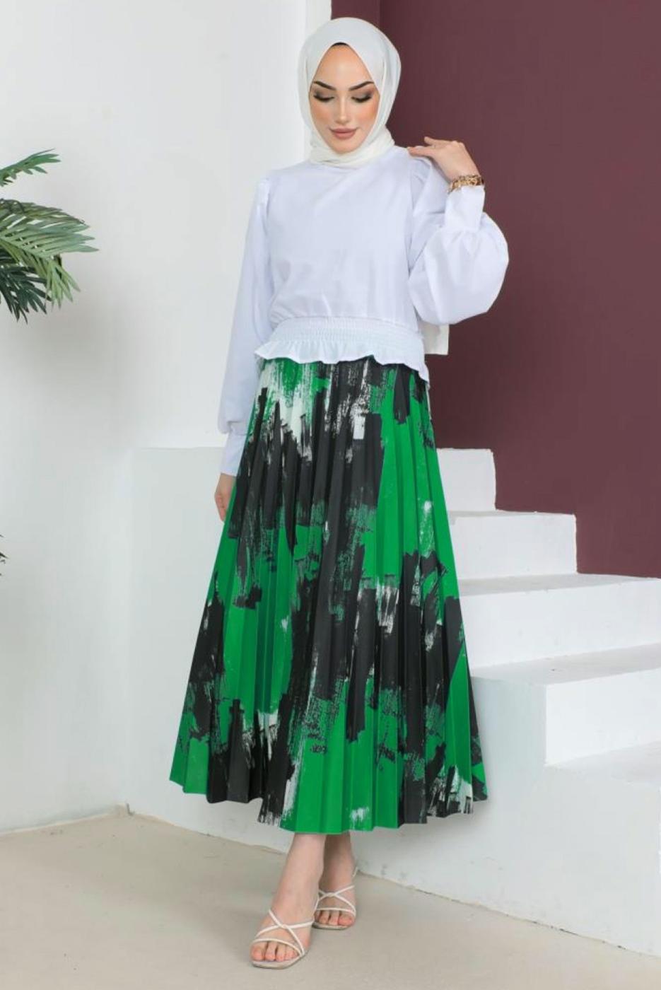Tesettür giyim YEŞİL DESENLİ PİLİSELİ ETEK T 3554