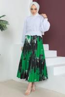 Tesettür giyim YEŞİL DESENLİ PİLİSELİ ETEK T 3554