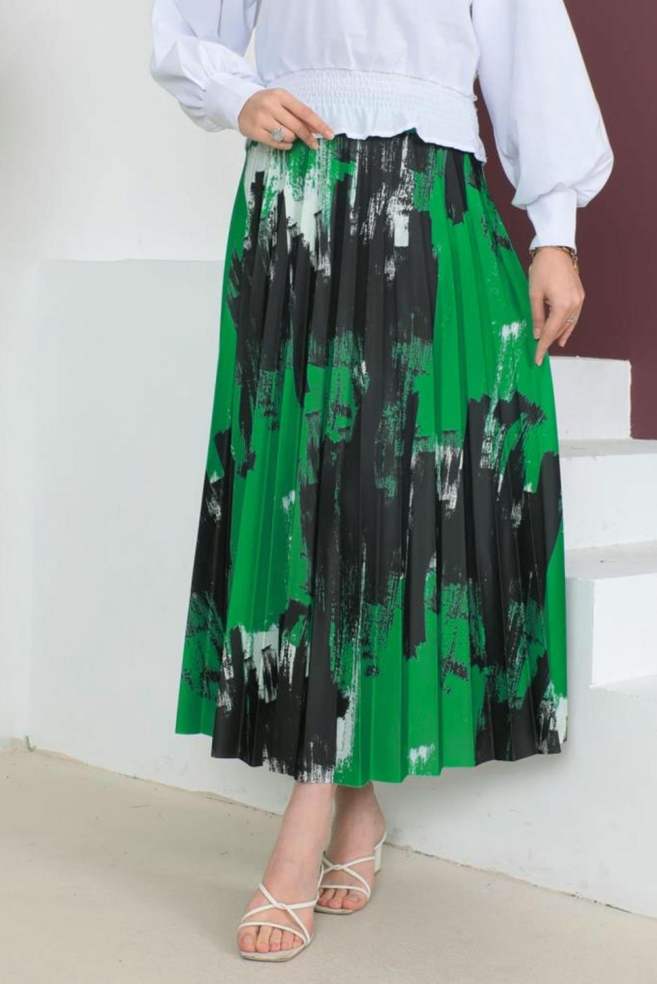 Tesettür giyim YEŞİL DESENLİ PİLİSELİ ETEK T 3554