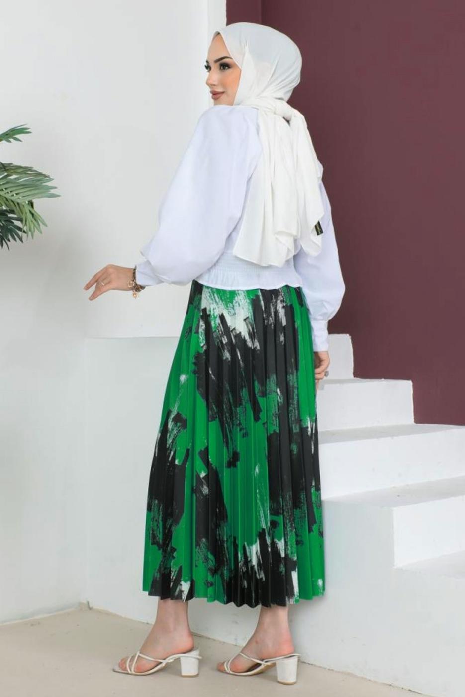 Tesettür giyim YEŞİL DESENLİ PİLİSELİ ETEK T 3554