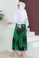 Tesettür giyim YEŞİL DESENLİ PİLİSELİ ETEK T 3554