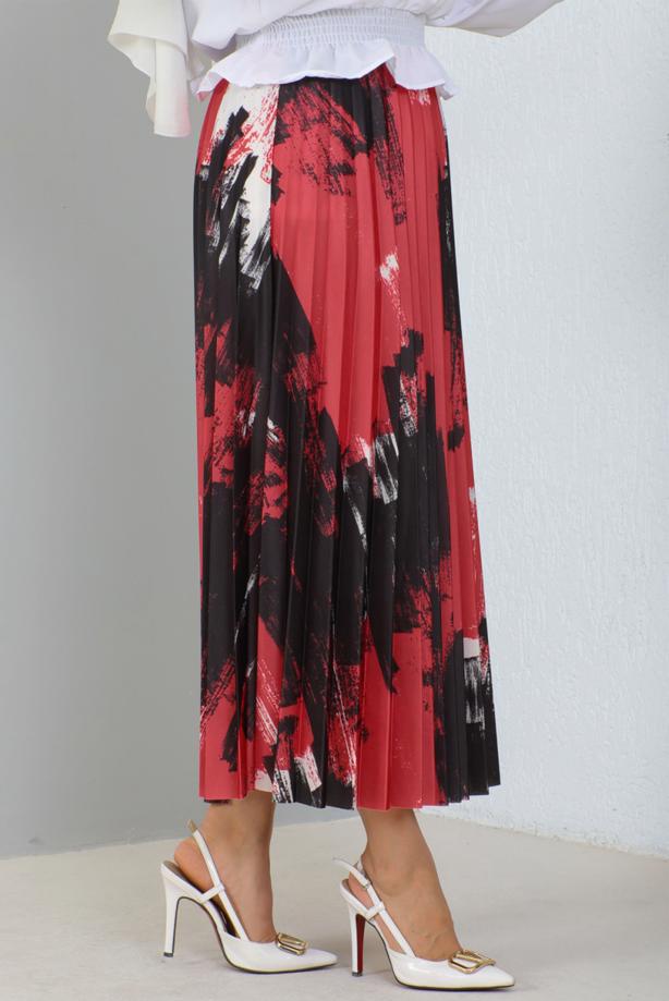 Tesettür giyim KIRMIZI DESENLİ PİLİSELİ ETEK T 3554 - TRENDTESETTÜR