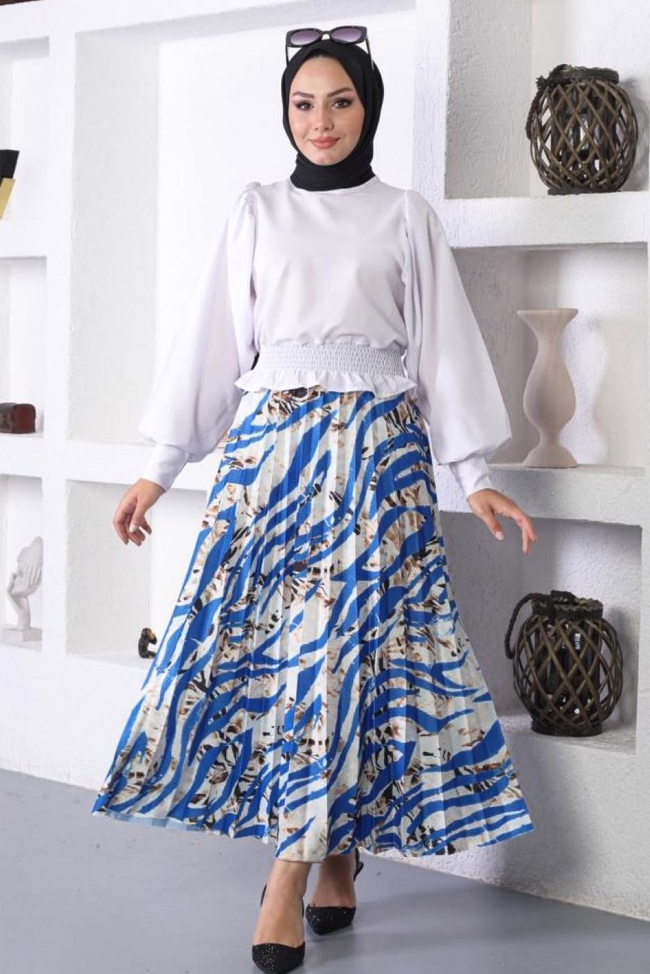 Tesettür giyim MAVİ PİLİSELİ DESENLİ ETEK T 5245