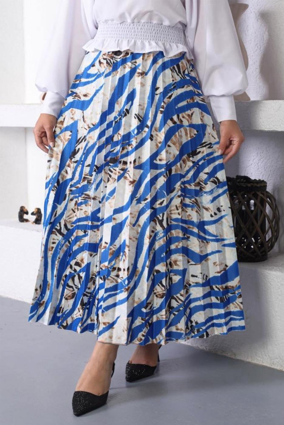 Tesettür giyim MAVİ PİLİSELİ DESENLİ ETEK T 5245