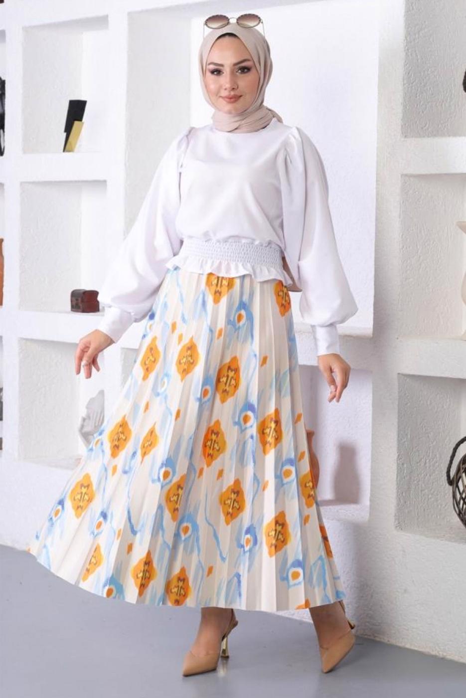 Tesettür giyim MAVİ DESENLİ ETEK T 6354