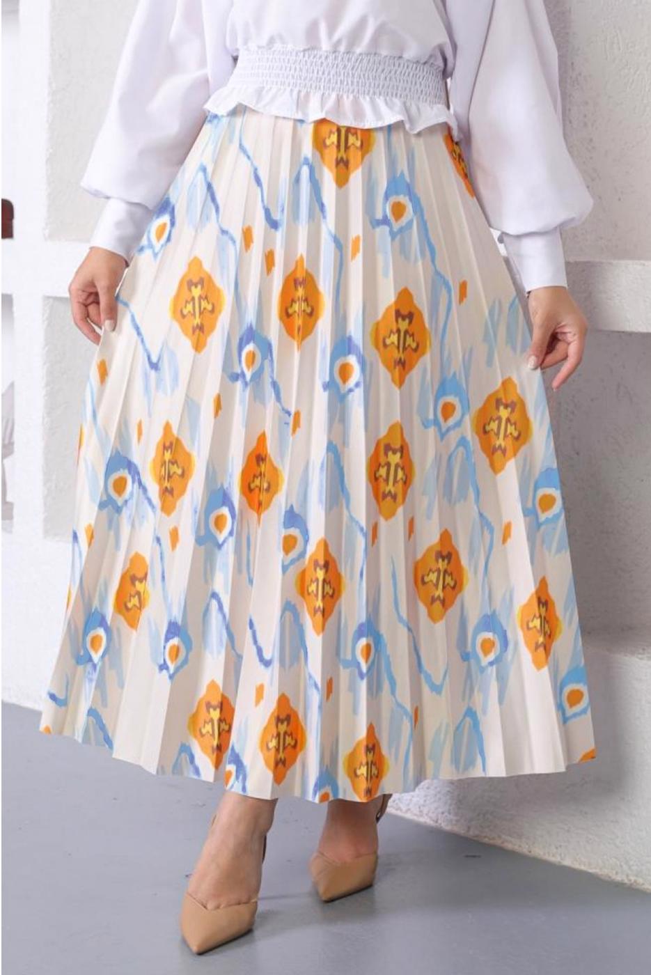 Tesettür giyim MAVİ DESENLİ ETEK T 6354