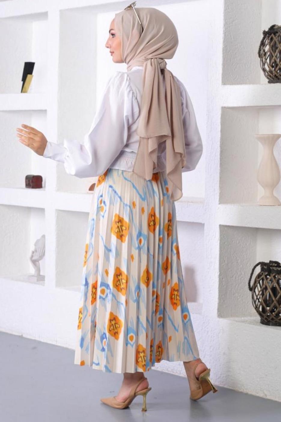 Tesettür giyim MAVİ DESENLİ ETEK T 6354