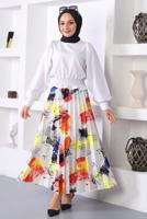 Tesettür giyim SARI DESENLİ PİLİSELİ ETEK T 7354