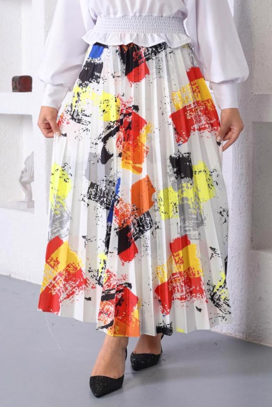 Tesettür giyim SARI DESENLİ PİLİSELİ ETEK T 7354