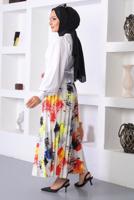 Tesettür giyim SARI DESENLİ PİLİSELİ ETEK T 7354