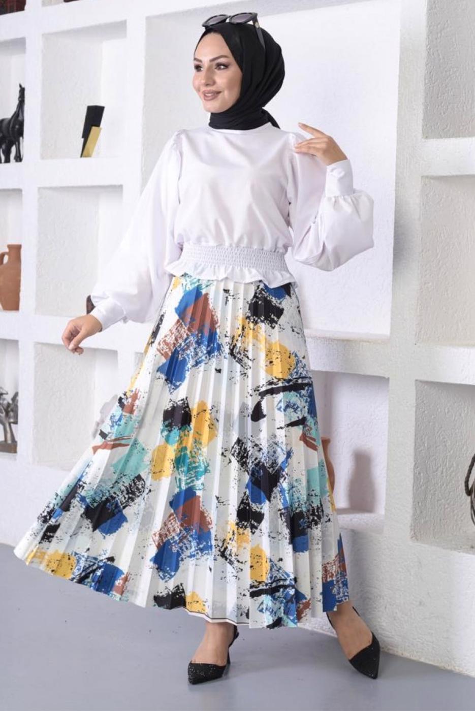 Tesettür giyim LACİVERT DESENLİ PİLİSELİ ETEK T 7354