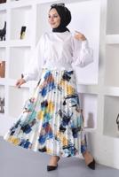 Tesettür giyim LACİVERT DESENLİ PİLİSELİ ETEK T 7354