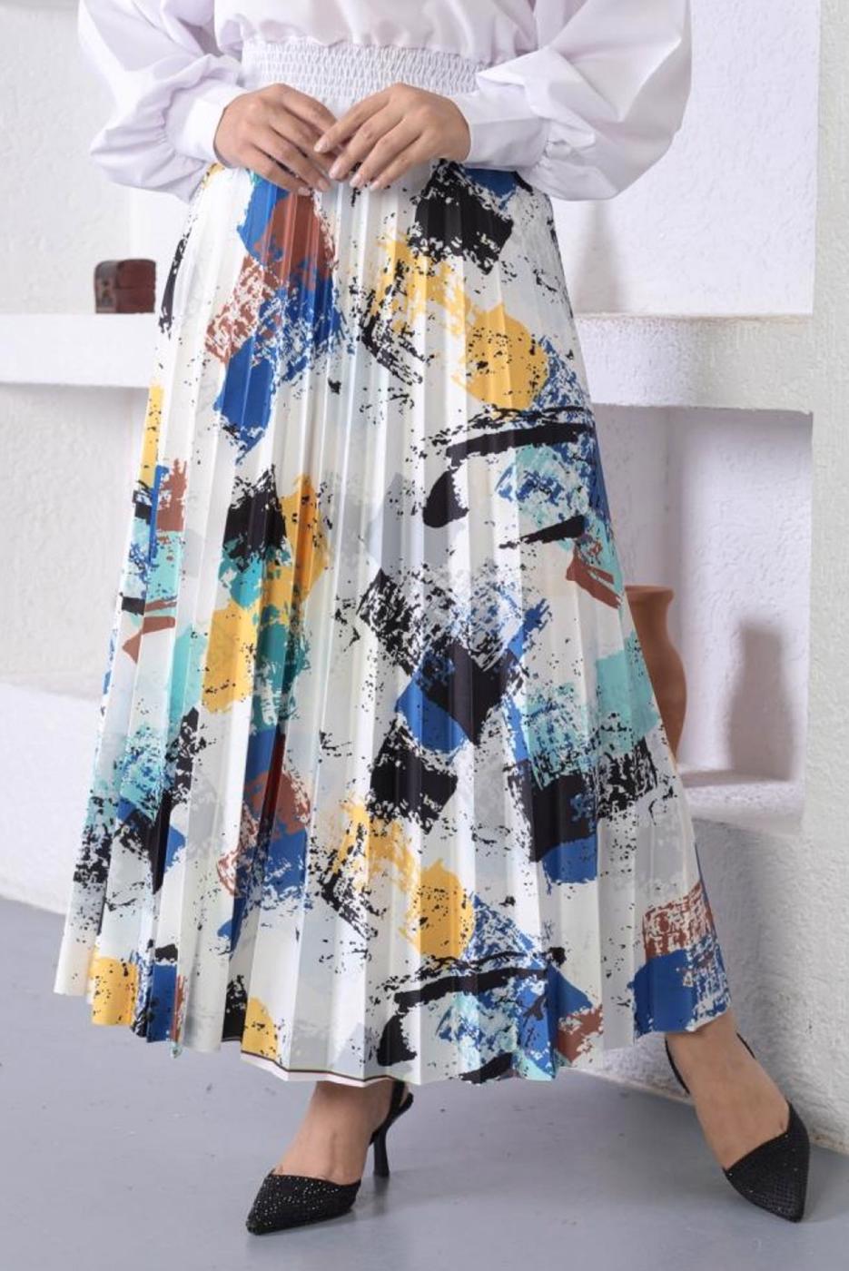 Tesettür giyim LACİVERT DESENLİ PİLİSELİ ETEK T 7354