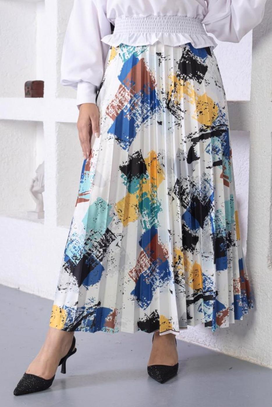 Tesettür giyim LACİVERT DESENLİ PİLİSELİ ETEK T 7354