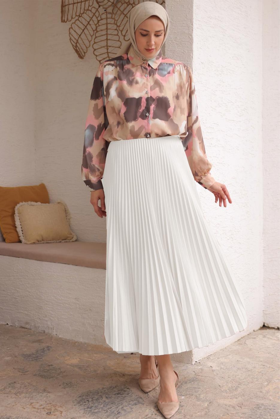 Tesettür giyim KREM PİLİSELİ ETEK T 9831