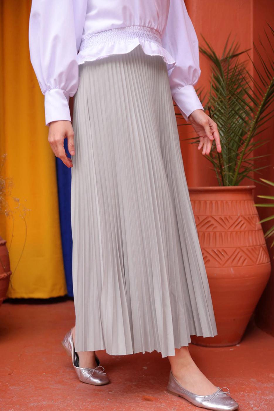 Tesettür giyim GRİ PİLİSELİ ETEK T 9831